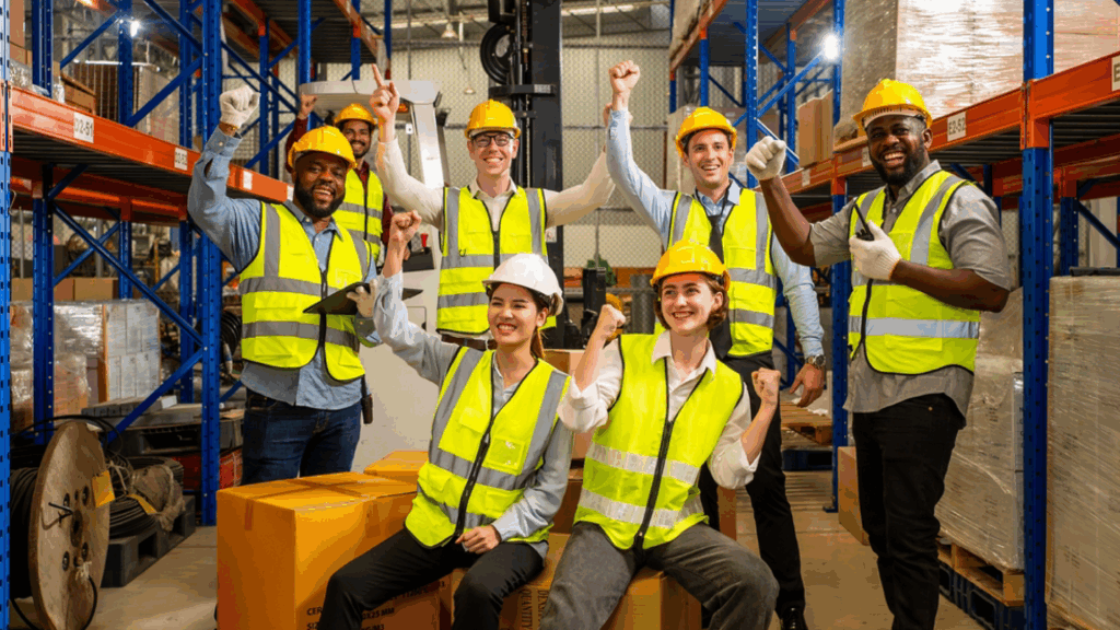 Happy warehouse workers seated together after successful staffing by Premier Staffing Solution