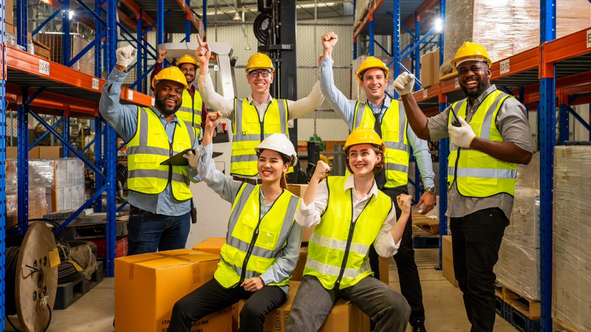 Happy warehouse workers seated together after successful staffing by Premier Staffing Solution