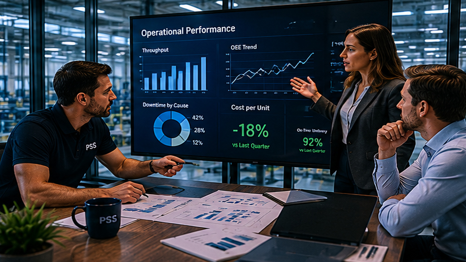 Operations consulting team analyzing business processes, workforce efficiency, production performance, and operational excellence improvements in a manufacturing environment.