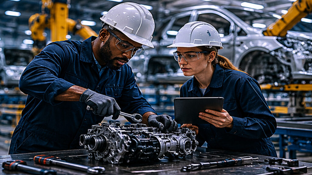 Skilled trades professionals working in an automotive manufacturing facility, highlighting staffing challenges for maintenance technicians, welders, millwrights, CNC operators, and industrial electricians.