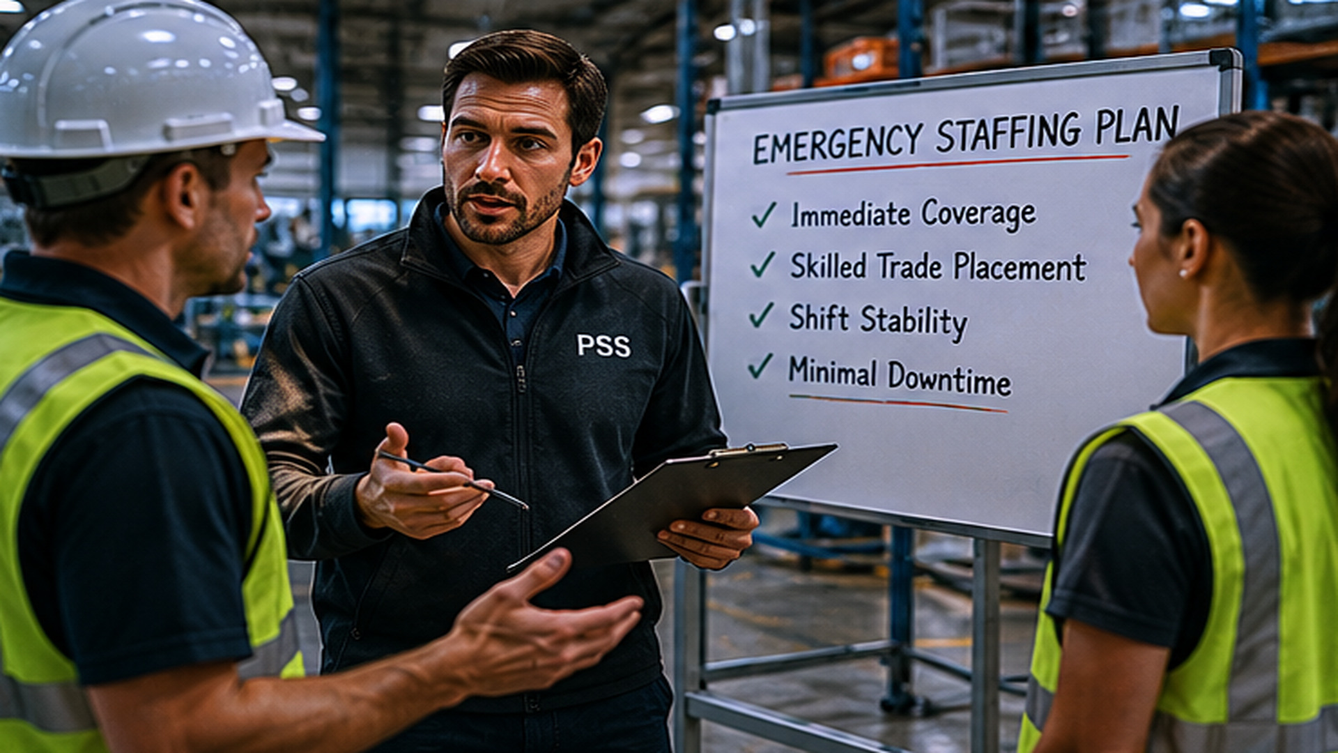 Emergency staffing team deployed in a manufacturing or warehouse facility to support operations during workforce shortages, labor disruptions, absenteeism spikes, and unexpected demand surges.