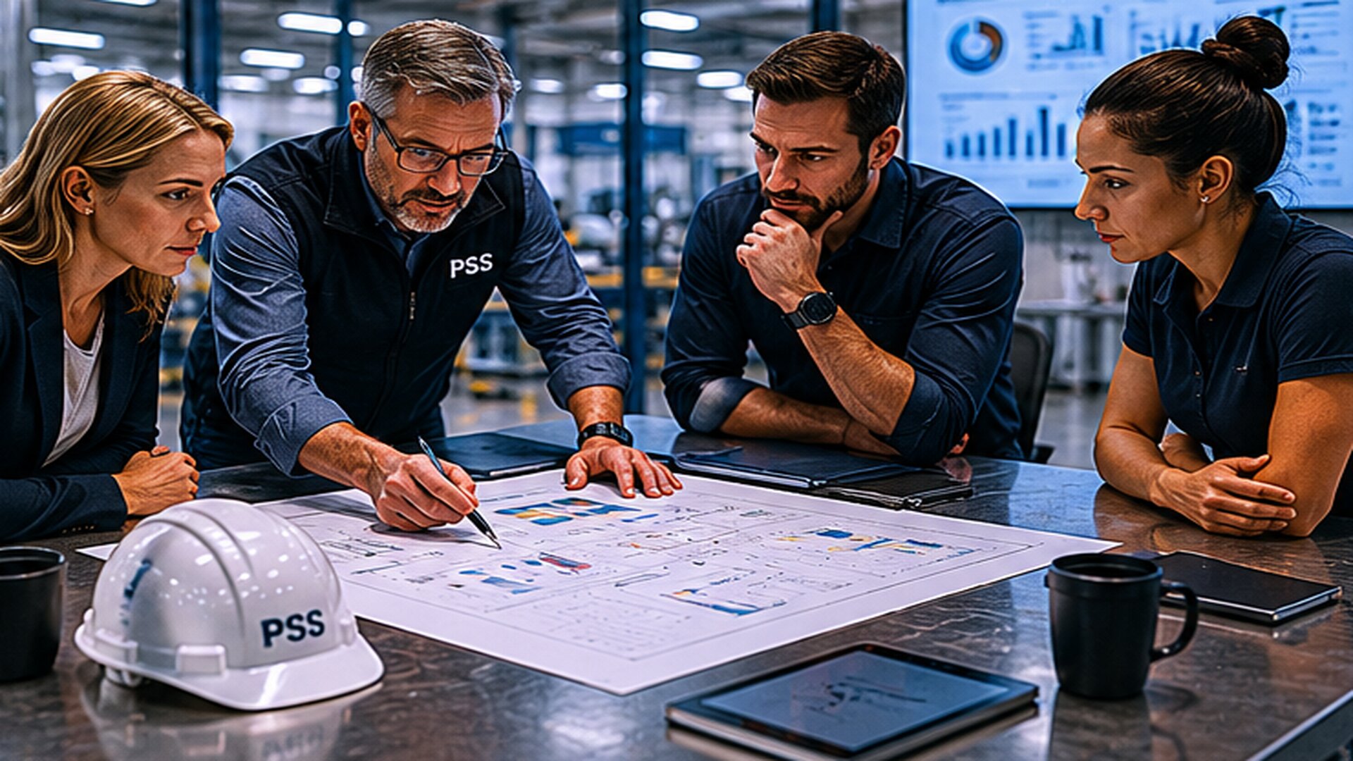 Manufacturing leadership hiring process showing plant managers and operations executives collaborating to improve production performance, workforce management, and operational excellence.